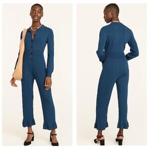 J. Crew Ribbed Cropped Jumpsuit Size Large Blue Long Sleeve Stretch Comfort